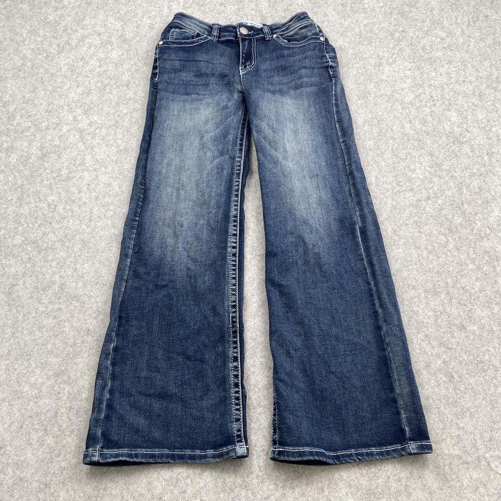 Telepatia Mid Rise Wide Leg Jeans Juniors 7 (27x28) Blue Studded Embroidered